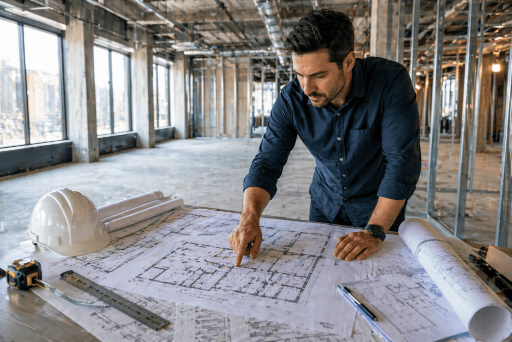 Architect reviewing commercial floor plans and blueprints inside an unfinished NYC space