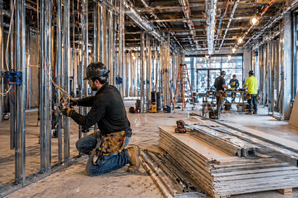 Construction workers installing electrical wiring and plumbing systems inside a commercial buildout