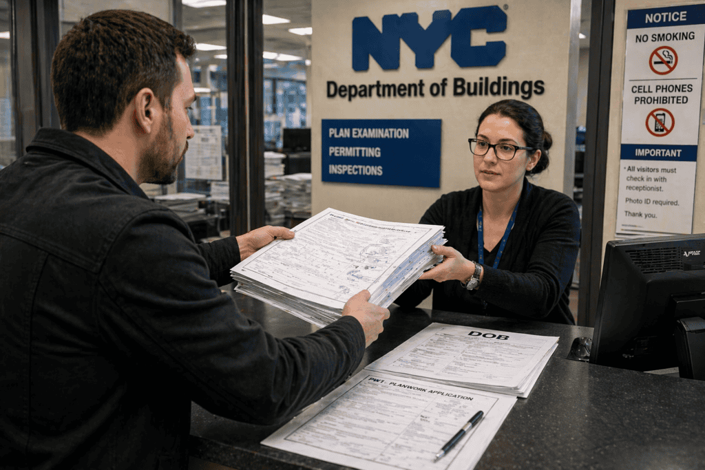 Contractor submitting commercial construction permit documents at NYC Department of Buildings office