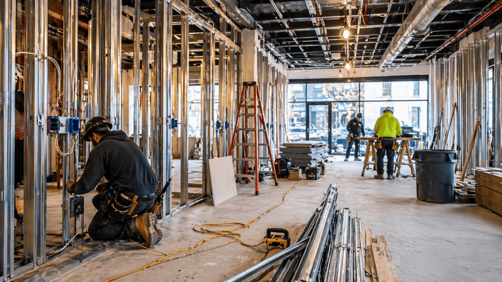 Commercial buildout in progress in NYC — framing and construction inside a commercial space