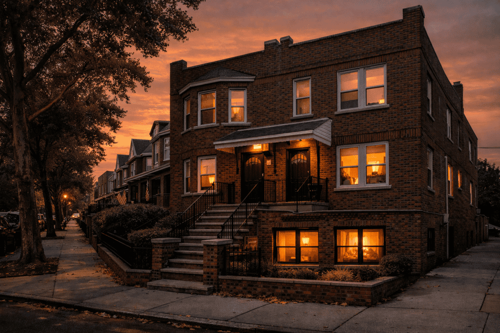 Exterior of a Queens NYC two-family brick home eligible for the NYC Plus One ADU Grant 2026