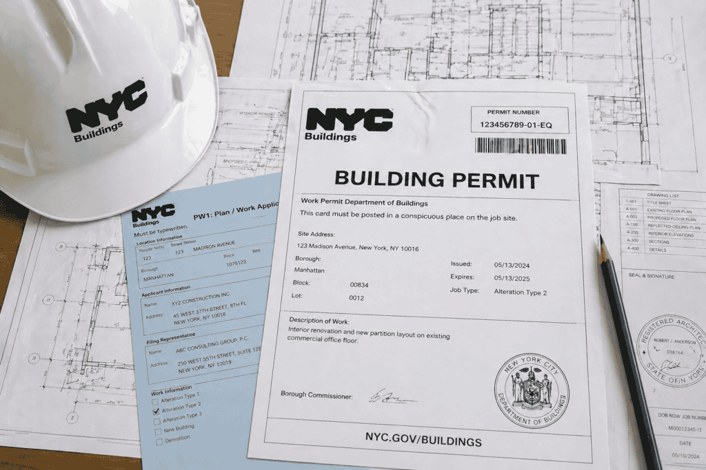 NYC Department of Buildings permit documents and architectural drawings for tenant improvement project