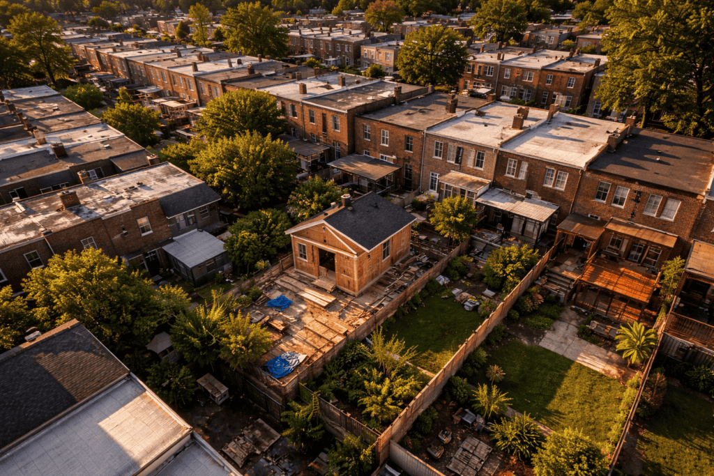 Aerial view of a Queens NYC residential block showing homes eligible for the NYC Plus One ADU Program 2026