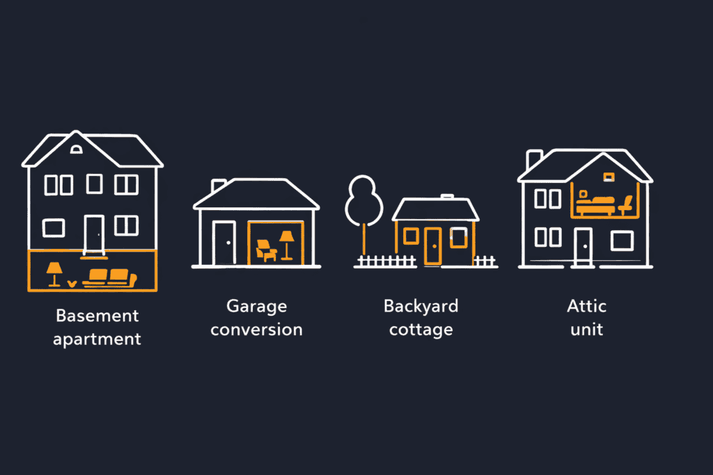 Infographic showing 4 ADU types eligible for NYC Plus One ADU Program: basement apartment, garage conversion, backyard cottage, and attic unit