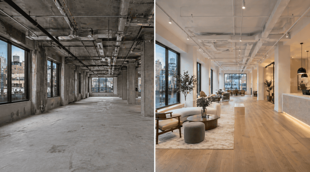 Before and after tenant improvement buildout showing raw commercial shell and completed modern retail space in NYC