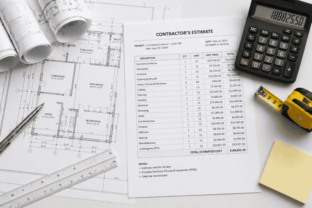 Architectural plans, calculator, and contractor estimate used to calculate tenant improvement costs in NYC