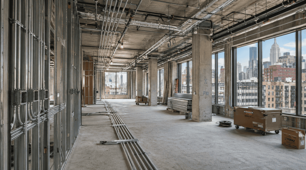 Commercial tenant improvement construction in New York City with exposed framing, electrical conduit, and open space layout